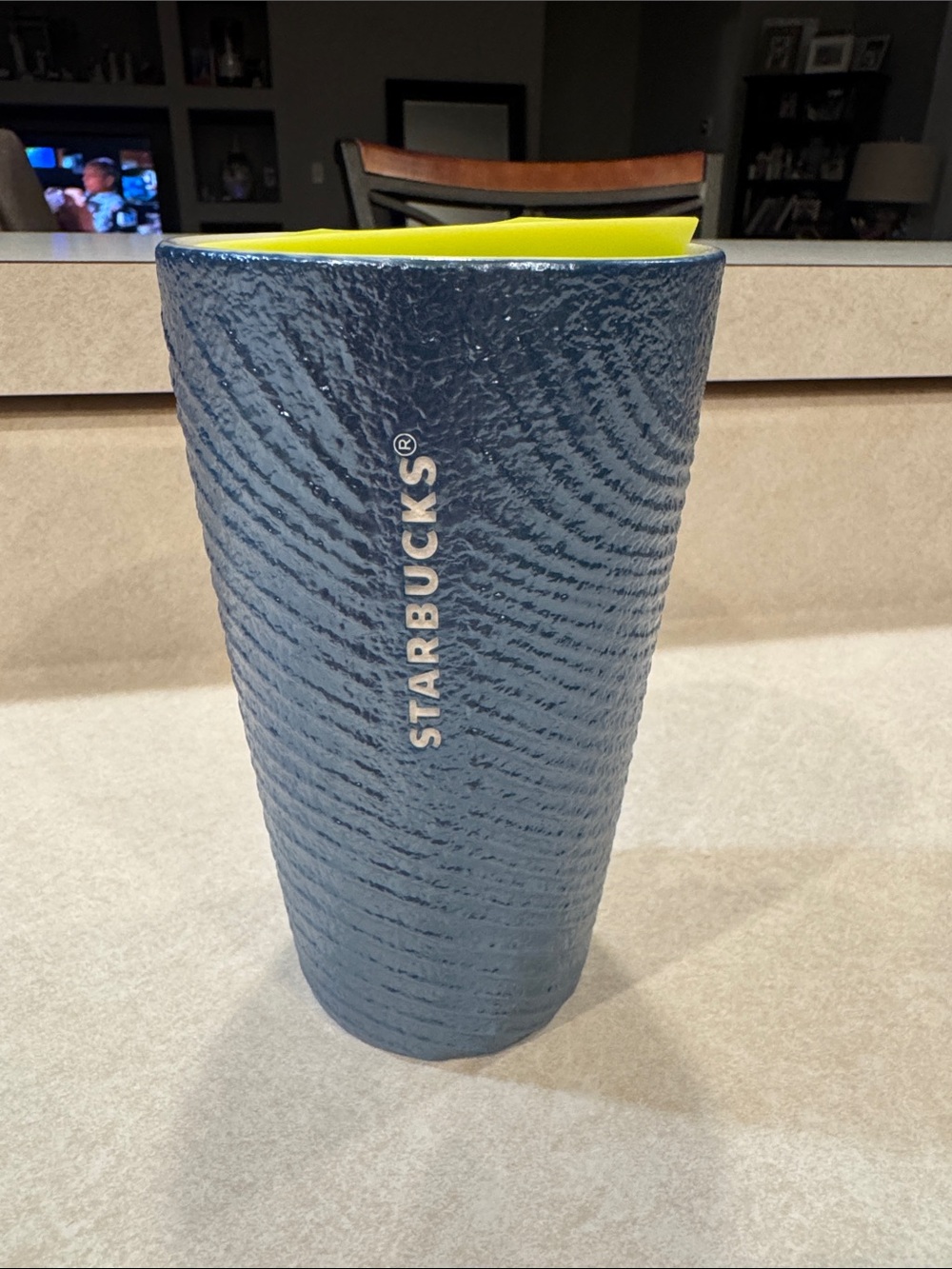 Starbucks Textured Dark Blue Ceramic Cup with Yellow Interior